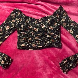 Forever 21 Black Floral Ruched Blouse